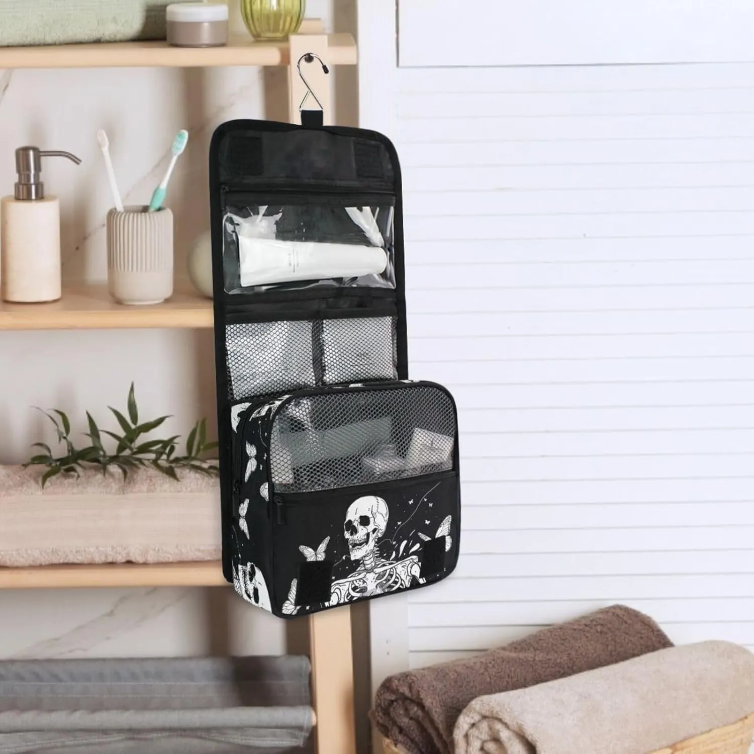 MNSRUU Hanging Toiletry Bag Gothic Skull and Butterflies Travel Makeup bag for Toiletries Portable Travel Toiletry Organizer Cosmetic Bags with Hanging Hook