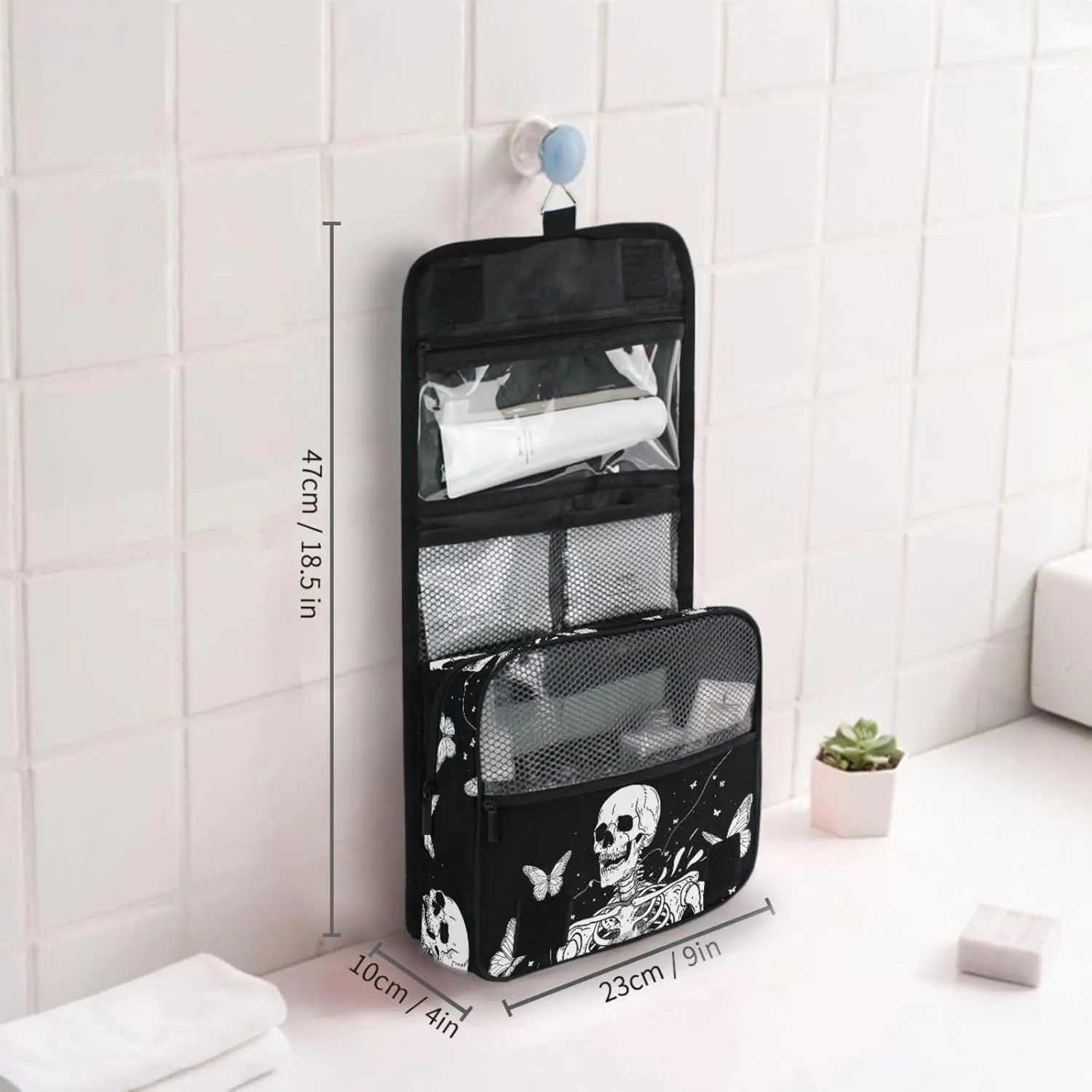 MNSRUU Hanging Toiletry Bag Gothic Skull and Butterflies Travel Makeup bag for Toiletries Portable Travel Toiletry Organizer Cosmetic Bags with Hanging Hook
