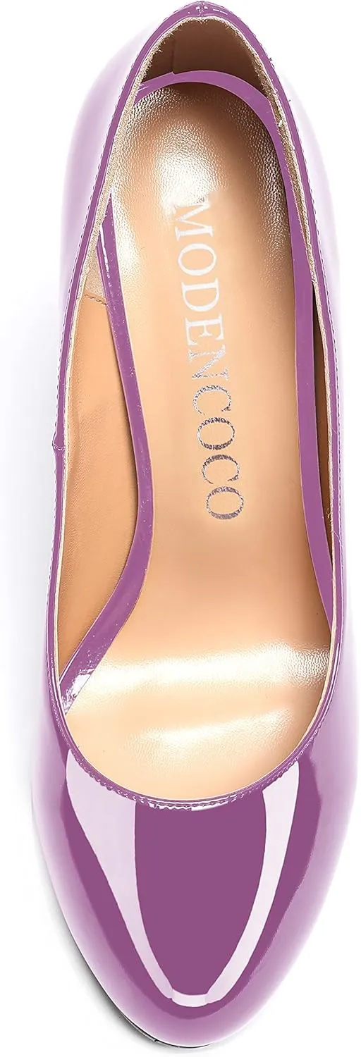 MODENCOCO Women's Patent Leather Round Toe Solid Slip On Chunky Low Heel Pumps Wedding Evening Dress Shoes 2 Inch