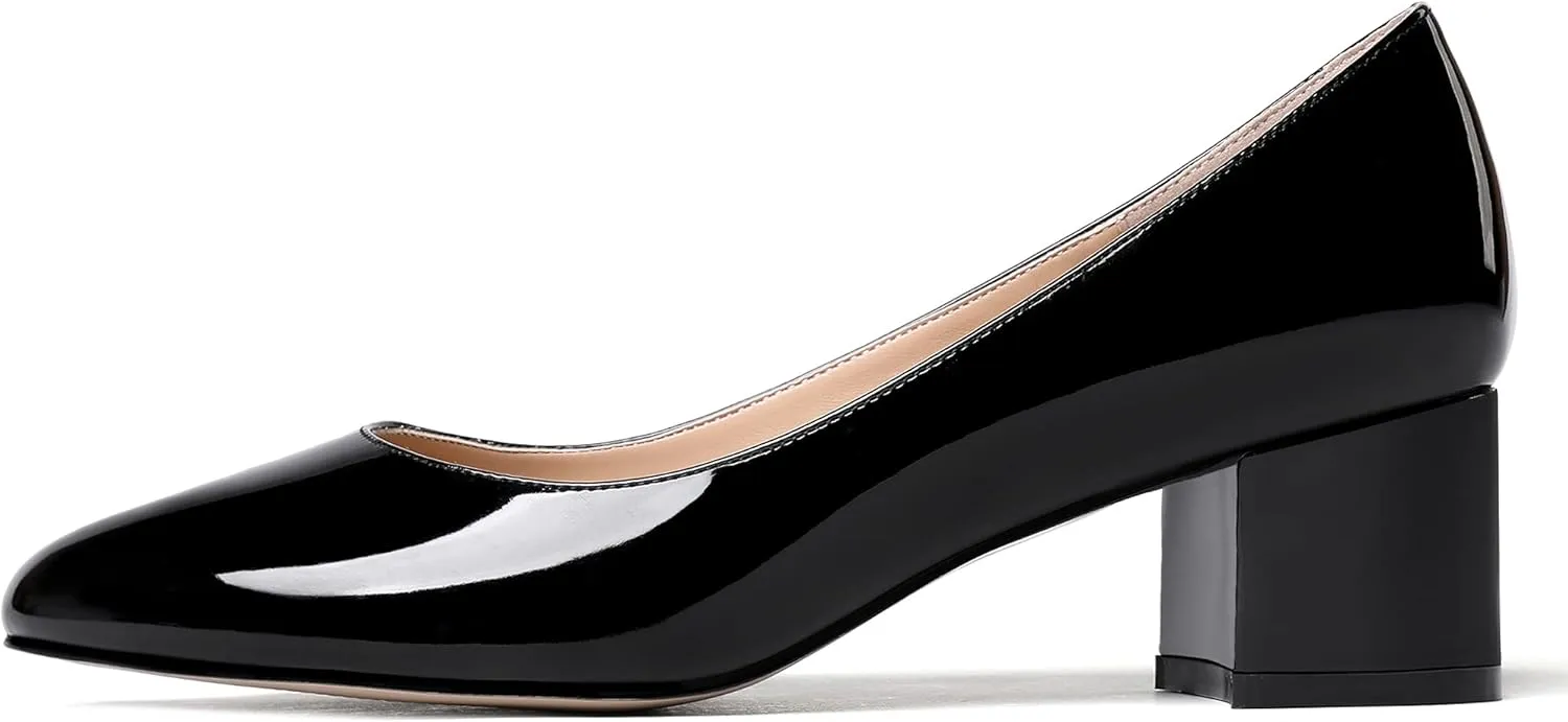 MODENCOCO Women's Patent Leather Round Toe Solid Slip On Chunky Low Heel Pumps Wedding Evening Dress Shoes 2 Inch