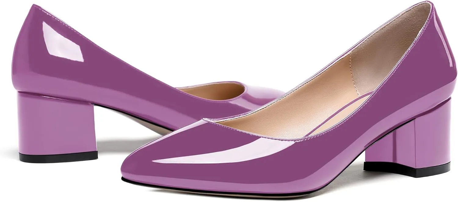 MODENCOCO Women's Patent Leather Round Toe Solid Slip On Chunky Low Heel Pumps Wedding Evening Dress Shoes 2 Inch