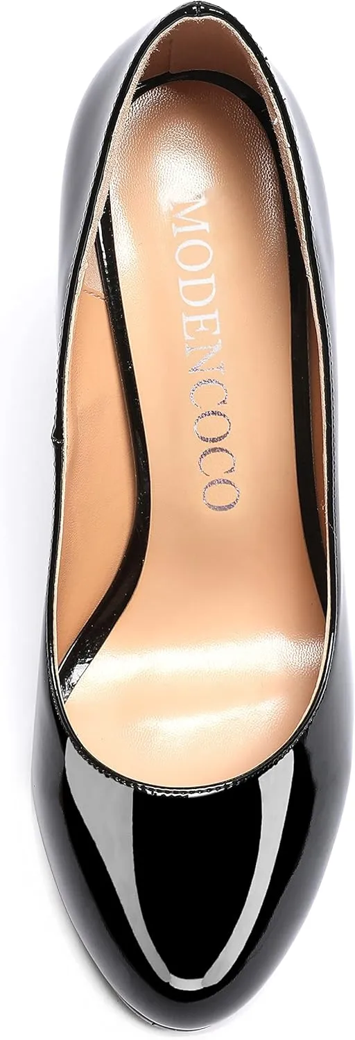 MODENCOCO Women's Patent Leather Round Toe Solid Slip On Chunky Low Heel Pumps Wedding Evening Dress Shoes 2 Inch