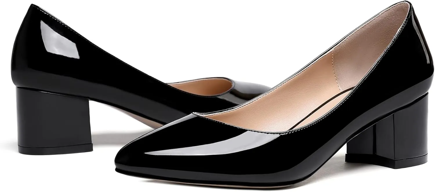 MODENCOCO Women's Patent Leather Round Toe Solid Slip On Chunky Low Heel Pumps Wedding Evening Dress Shoes 2 Inch