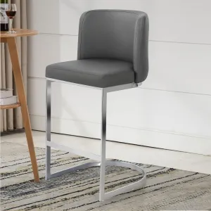 Modern 26" Counter Height Bar Stools with Back and C-Shaped Metal Frame, Upholstered Faux Leather Island Stools for Kitchen Counter, Home Bar, Pub, Grey