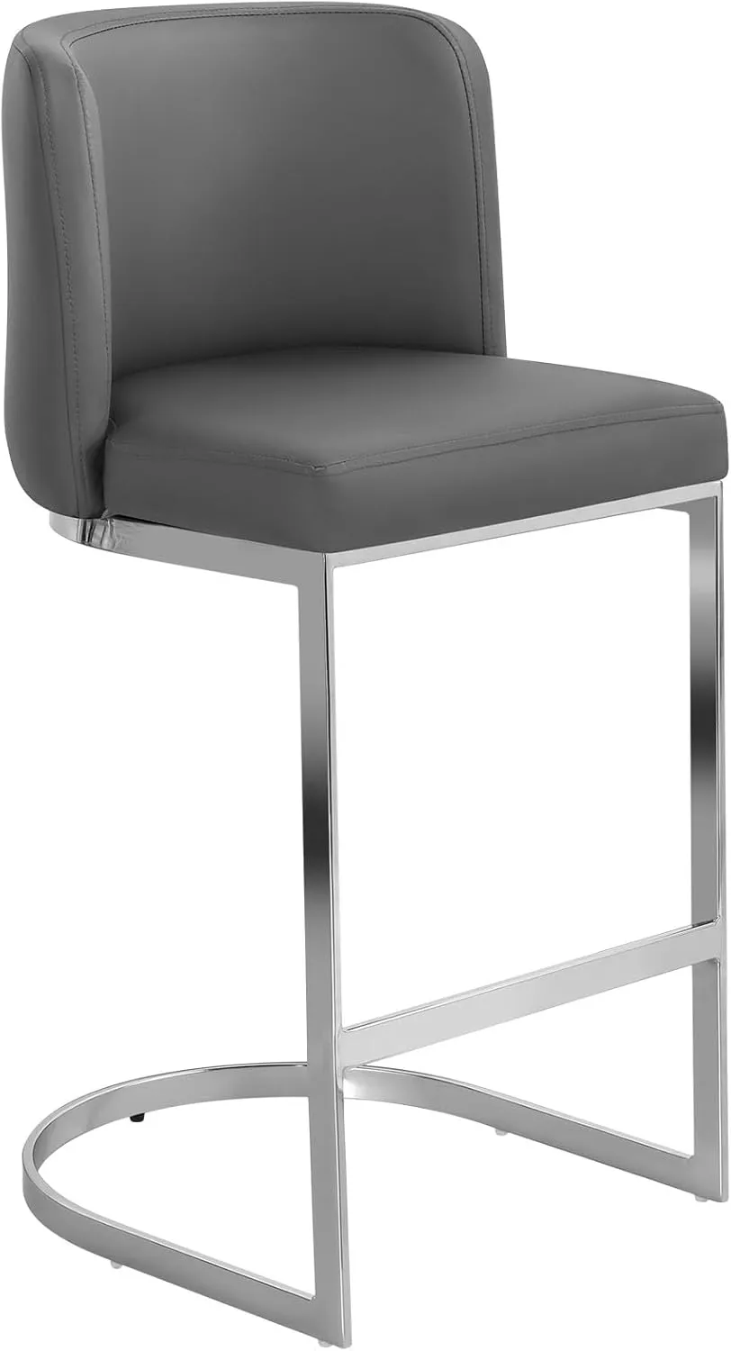 Modern 26" Counter Height Bar Stools with Back and C-Shaped Metal Frame, Upholstered Faux Leather Island Stools for Kitchen Counter, Home Bar, Pub, Grey