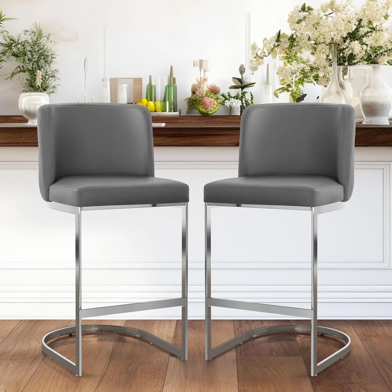 Modern 26" Counter Height Bar Stools with Back and C-Shaped Metal Frame, Upholstered Faux Leather Island Stools for Kitchen Counter, Home Bar, Pub, Grey
