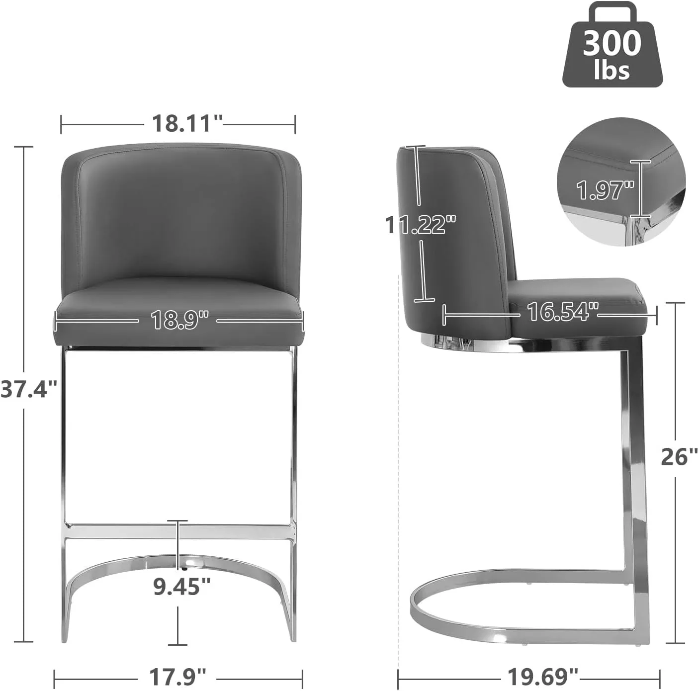 Modern 26" Counter Height Bar Stools with Back and C-Shaped Metal Frame, Upholstered Faux Leather Island Stools for Kitchen Counter, Home Bar, Pub, Grey