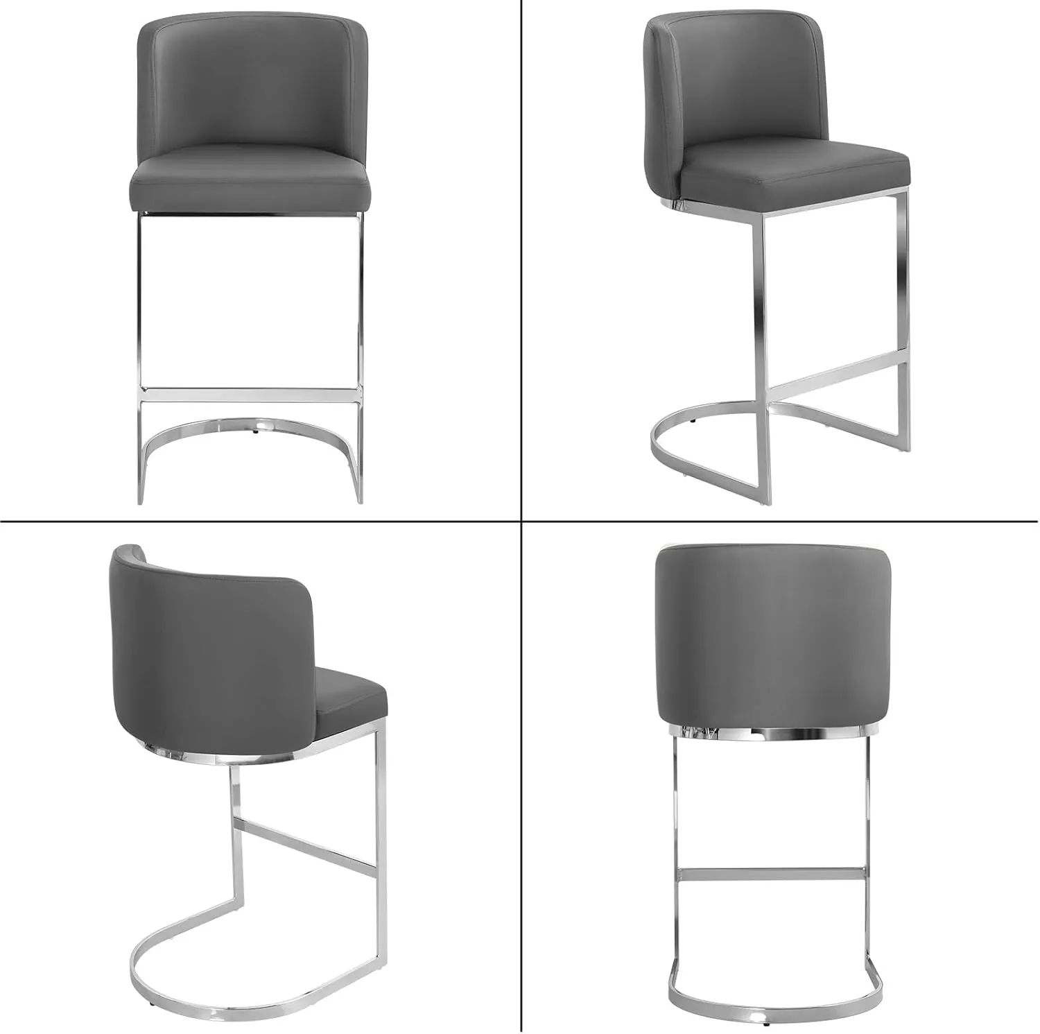 Modern 26" Counter Height Bar Stools with Back and C-Shaped Metal Frame, Upholstered Faux Leather Island Stools for Kitchen Counter, Home Bar, Pub, Grey