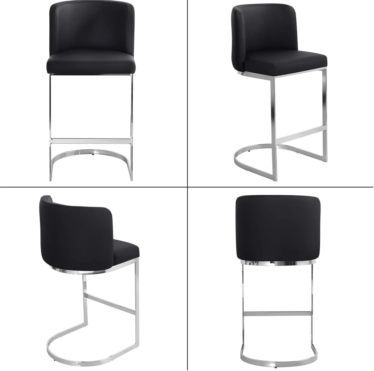Modern Counter Height Bar Stools 26" Counter Stools with Back and C-Shaped Metal Frame, Upholstered Faux Leather Bar Chairs Island Stools for Kitchen Counter, Home Bar, Pub, Black