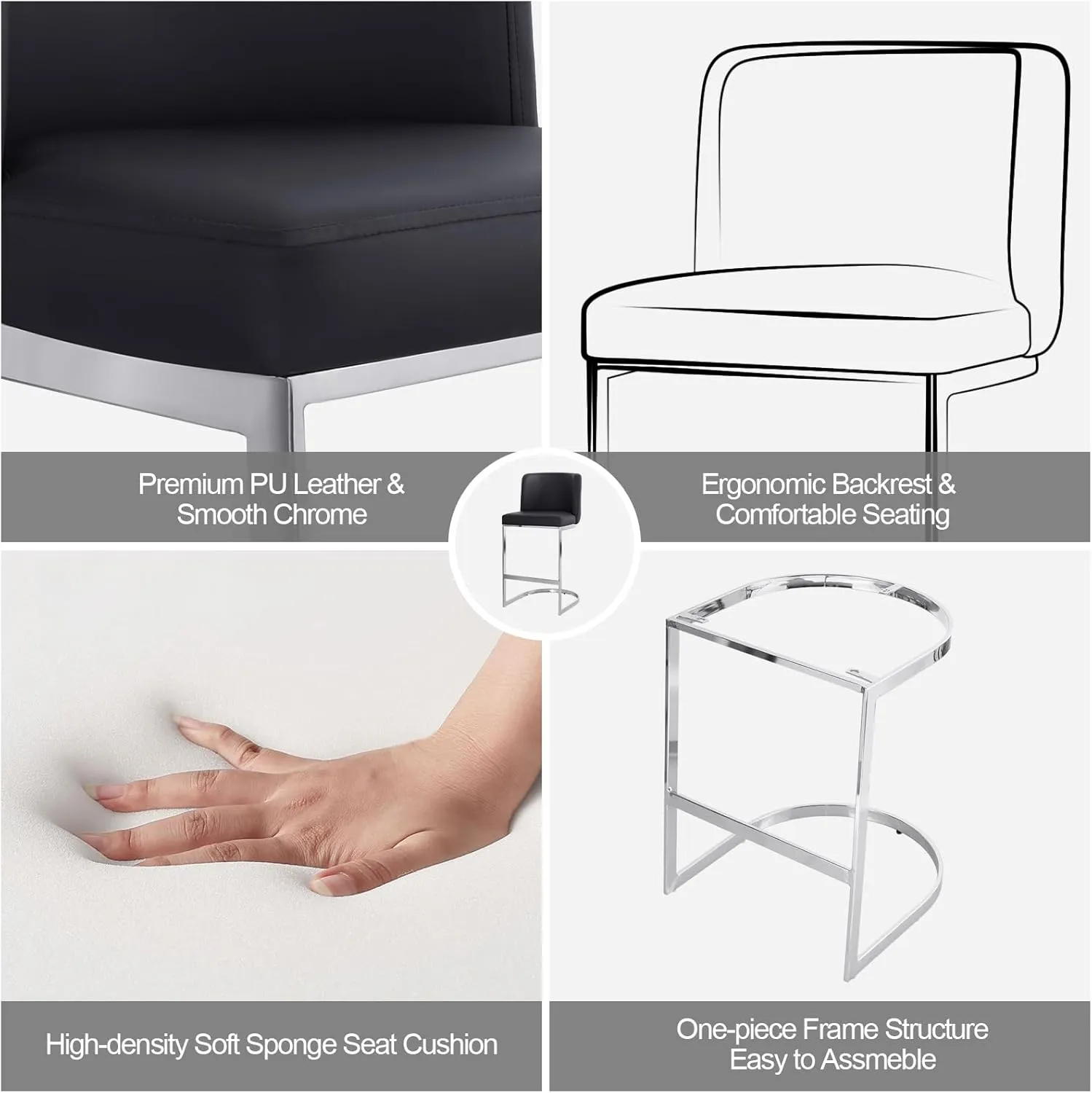 Modern Counter Height Bar Stools 26" Counter Stools with Back and C-Shaped Metal Frame, Upholstered Faux Leather Bar Chairs Island Stools for Kitchen Counter, Home Bar, Pub, Black
