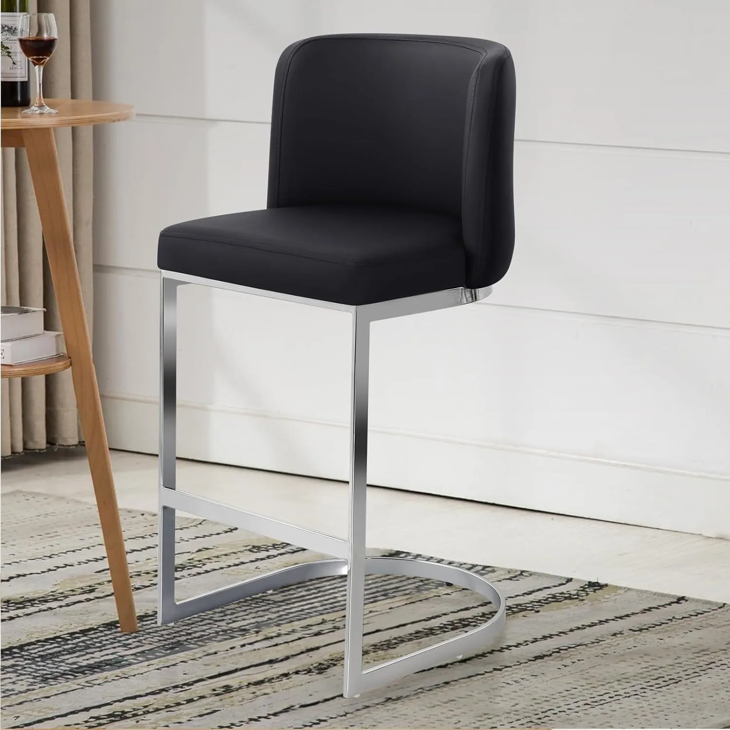 Modern Counter Height Bar Stools 26" Counter Stools with Back and C-Shaped Metal Frame, Upholstered Faux Leather Bar Chairs Island Stools for Kitchen Counter, Home Bar, Pub, Black