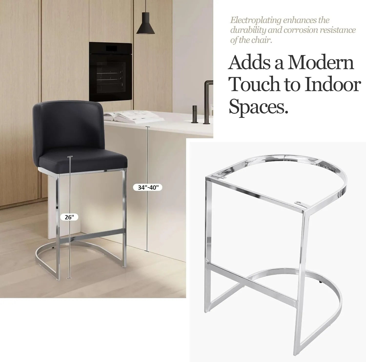Modern Counter Height Bar Stools 26" Counter Stools with Back and C-Shaped Metal Frame, Upholstered Faux Leather Bar Chairs Island Stools for Kitchen Counter, Home Bar, Pub, Black