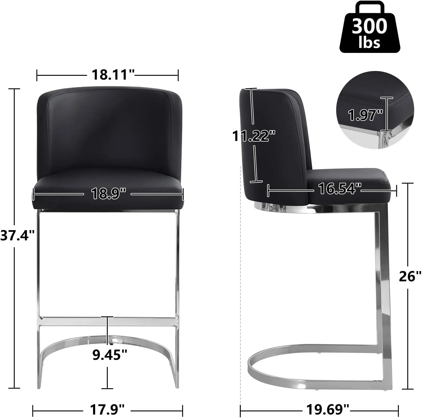 Modern Counter Height Bar Stools 26" Counter Stools with Back and C-Shaped Metal Frame, Upholstered Faux Leather Bar Chairs Island Stools for Kitchen Counter, Home Bar, Pub, Black