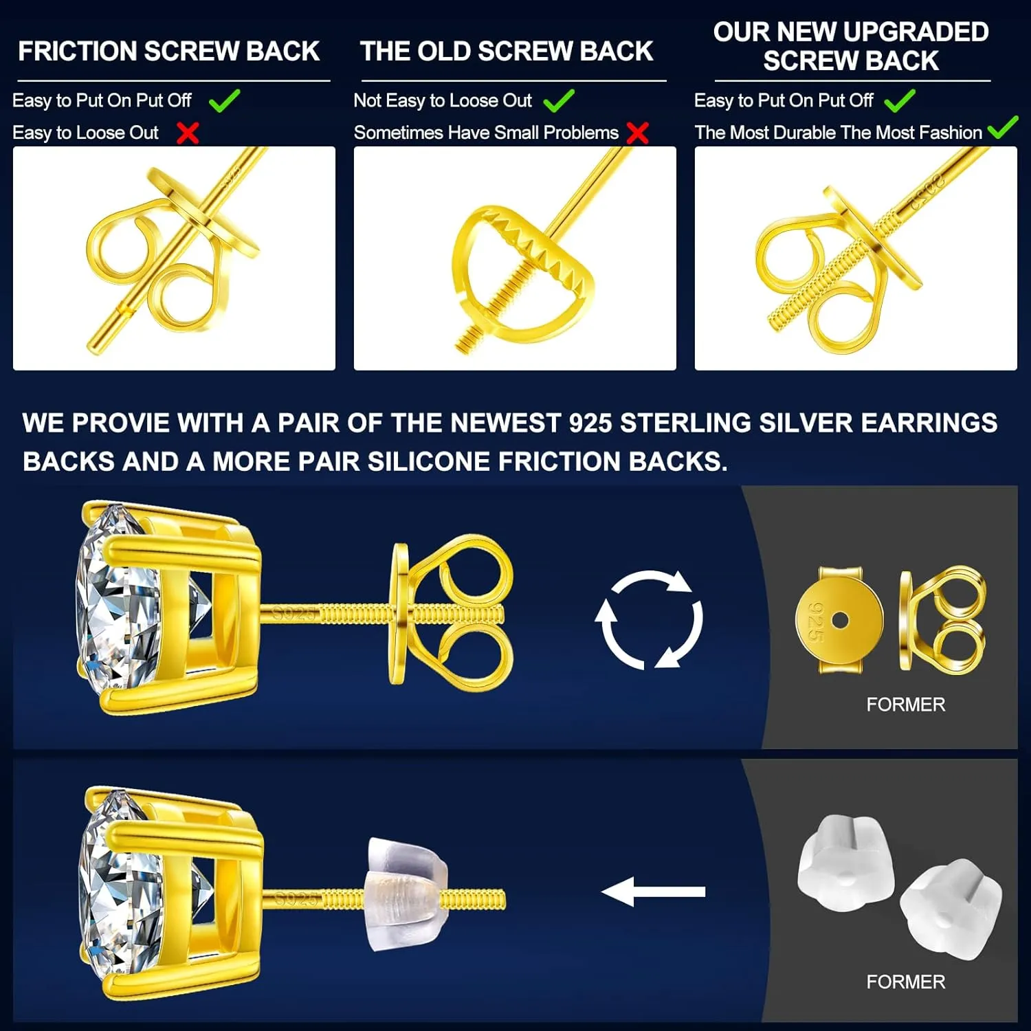 Moissanite Stud Earrings Screw Back 3-10mm 0.2ct-8.0ct 18K White Yellow Rose Gold Plated S925 Sterling Silver Round Cut D Color VVS1 Lab Created Moissanite Earrings for Women Men