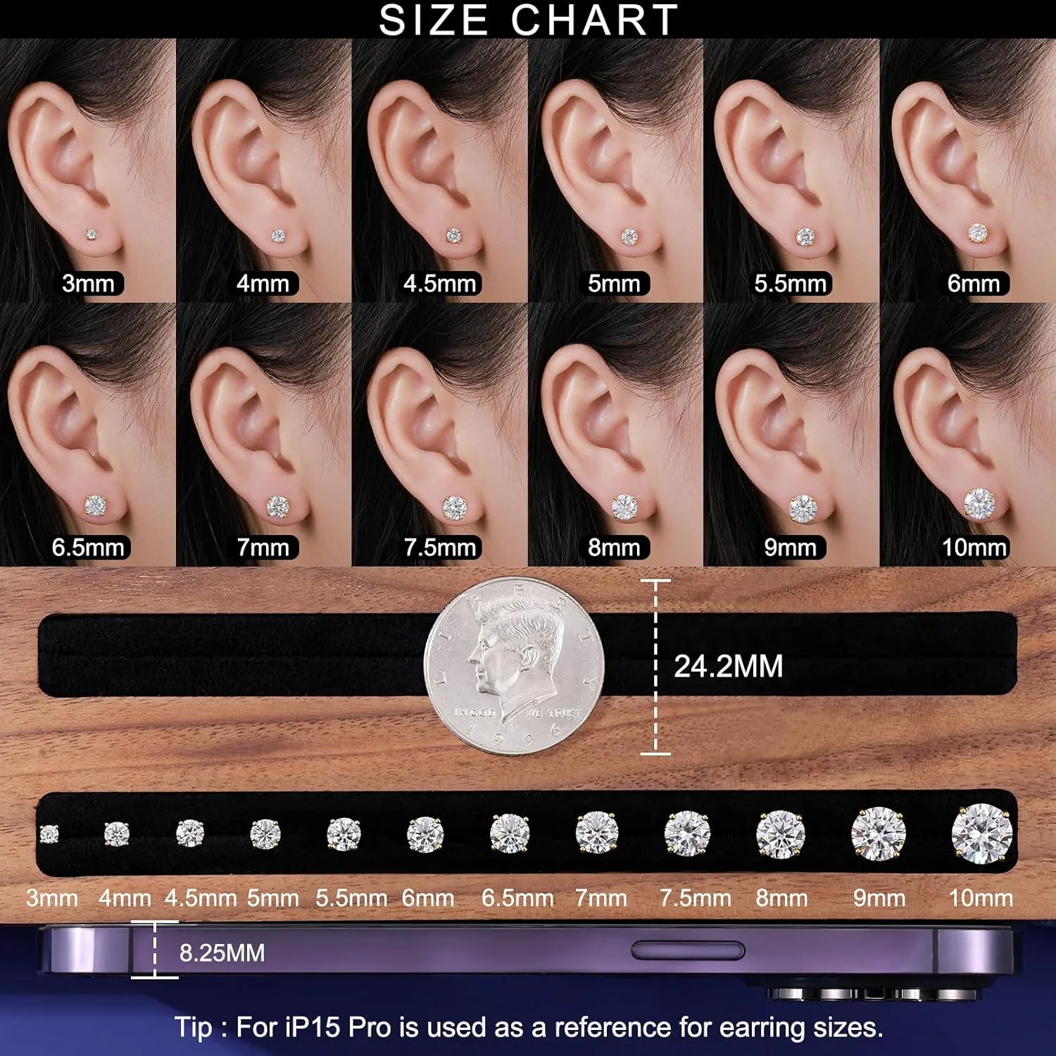 Moissanite Stud Earrings Screw Back 3-10mm 0.2ct-8.0ct 18K White Yellow Rose Gold Plated S925 Sterling Silver Round Cut D Color VVS1 Lab Created Moissanite Earrings for Women Men