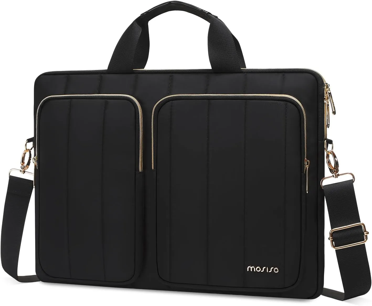 MOSISO Laptop Shoulder Bag, 15-15.6 inch Computer Bag Compatible with MacBook Pro 16 inch, HP, Dell, Lenovo, Asus Notebook, Front 2 Quilted Rectangle Vertical Zipper Pockets & Handle & Belt, Black