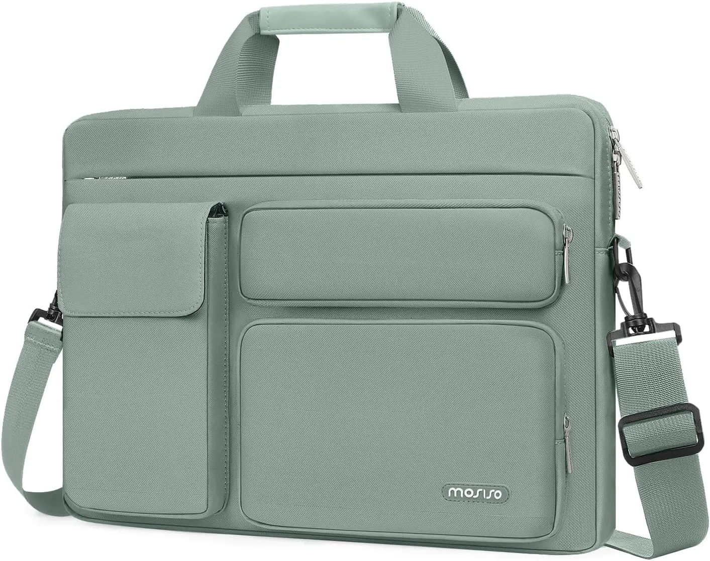 MOSISO Laptop Shoulder Bag Compatible with MacBook Air 15 M4 M3 M2/Pro 16 inch M4 M3 M2 M1,15-15.6 inch Notebook with 2 Raised&1 Flapover&1 Horizontal Pocket&Handle&Belt, Antique Green