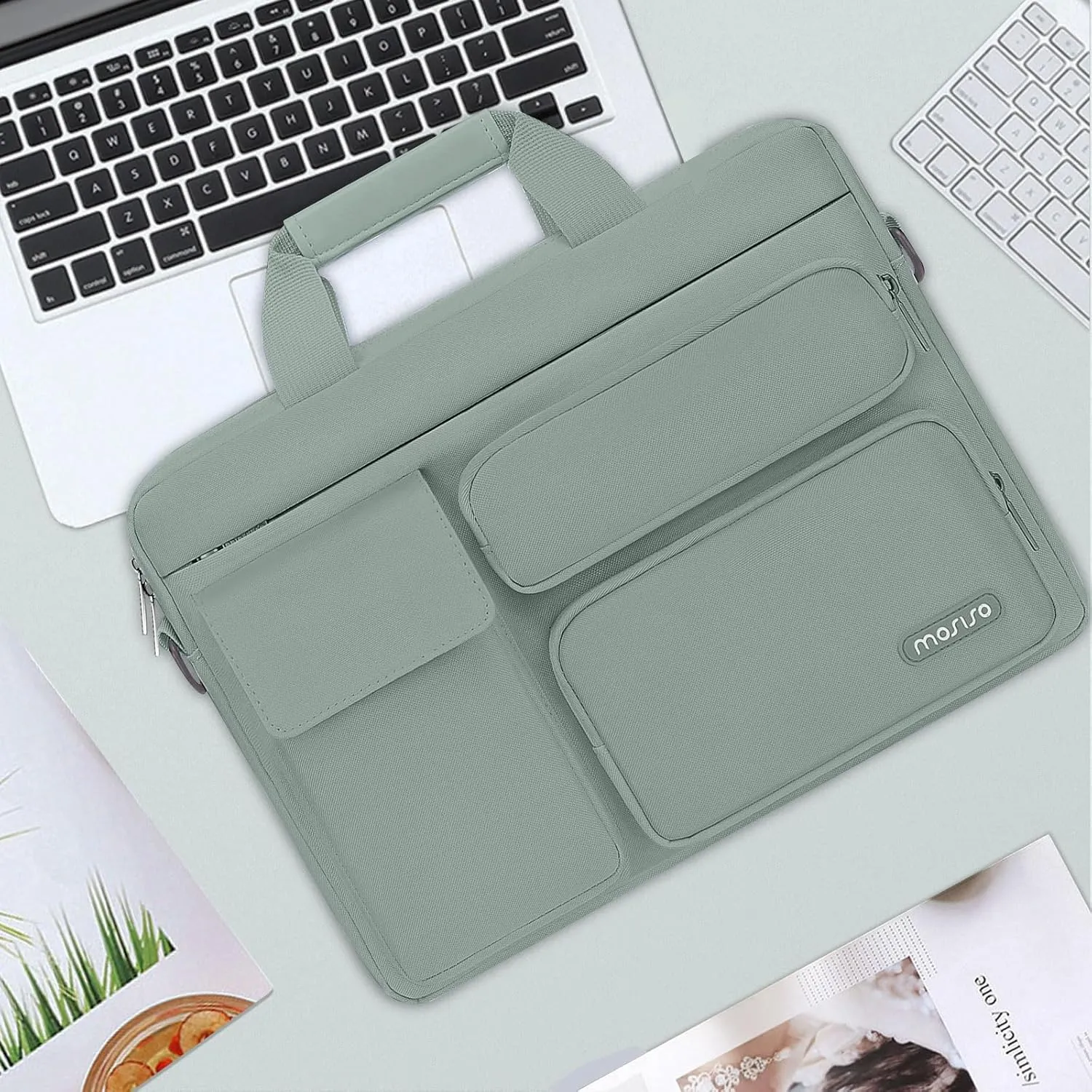 MOSISO Laptop Shoulder Bag Compatible with MacBook Air 15 M4 M3 M2/Pro 16 inch M4 M3 M2 M1,15-15.6 inch Notebook with 2 Raised&1 Flapover&1 Horizontal Pocket&Handle&Belt, Antique Green