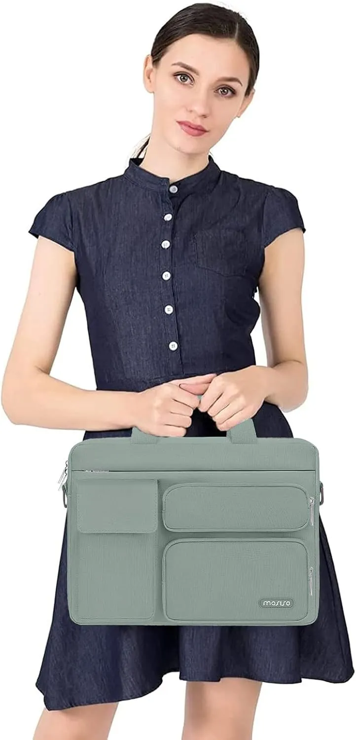 MOSISO Laptop Shoulder Bag Compatible with MacBook Air 15 M4 M3 M2/Pro 16 inch M4 M3 M2 M1,15-15.6 inch Notebook with 2 Raised&1 Flapover&1 Horizontal Pocket&Handle&Belt, Antique Green