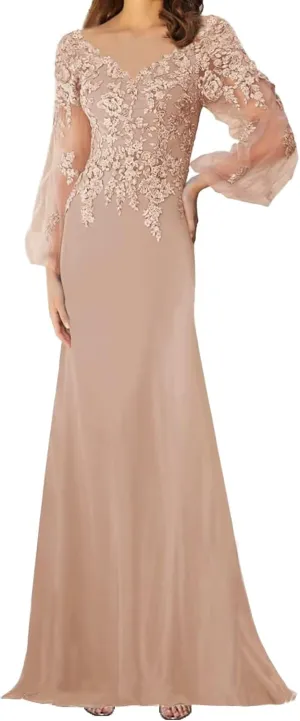 Mother of The Bride Dresses Long Sleeves Formal Evening Gowns Laces Appliques Wedding Party V-Neck Prom Dress