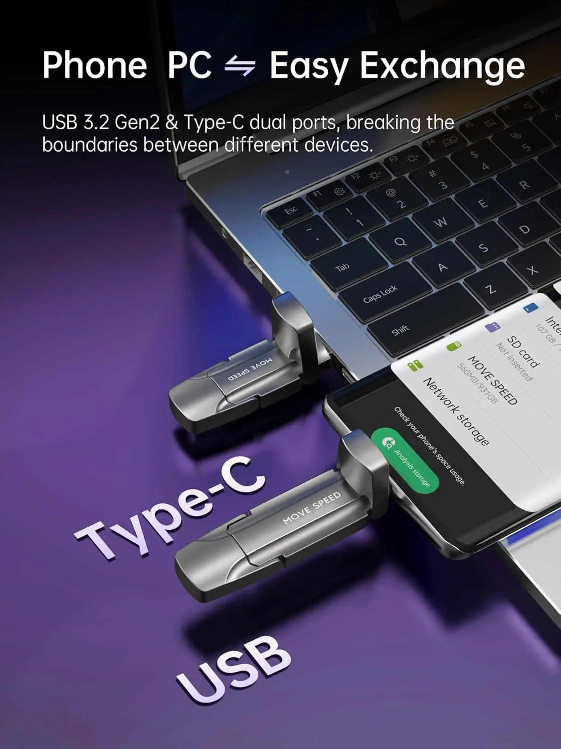MOVE SPEED 256GB Thumb Drive, 1000MB/s Read Write Speed, USB 3.2 Gen2 Type C Dual Interface SSD Drive with Leather Case Memory Stick for iPhone 15, 16 Series/MacBook/Android/Audio etc(1 Pack)