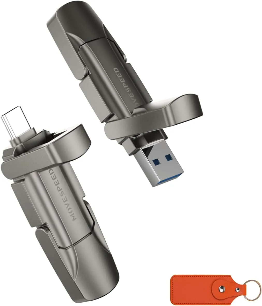 MOVE SPEED 256GB Thumb Drive, 1000MB/s Read Write Speed, USB 3.2 Gen2 Type C Dual Interface SSD Drive with Leather Case Memory Stick for iPhone 15, 16 Series/MacBook/Android/Audio etc(1 Pack)