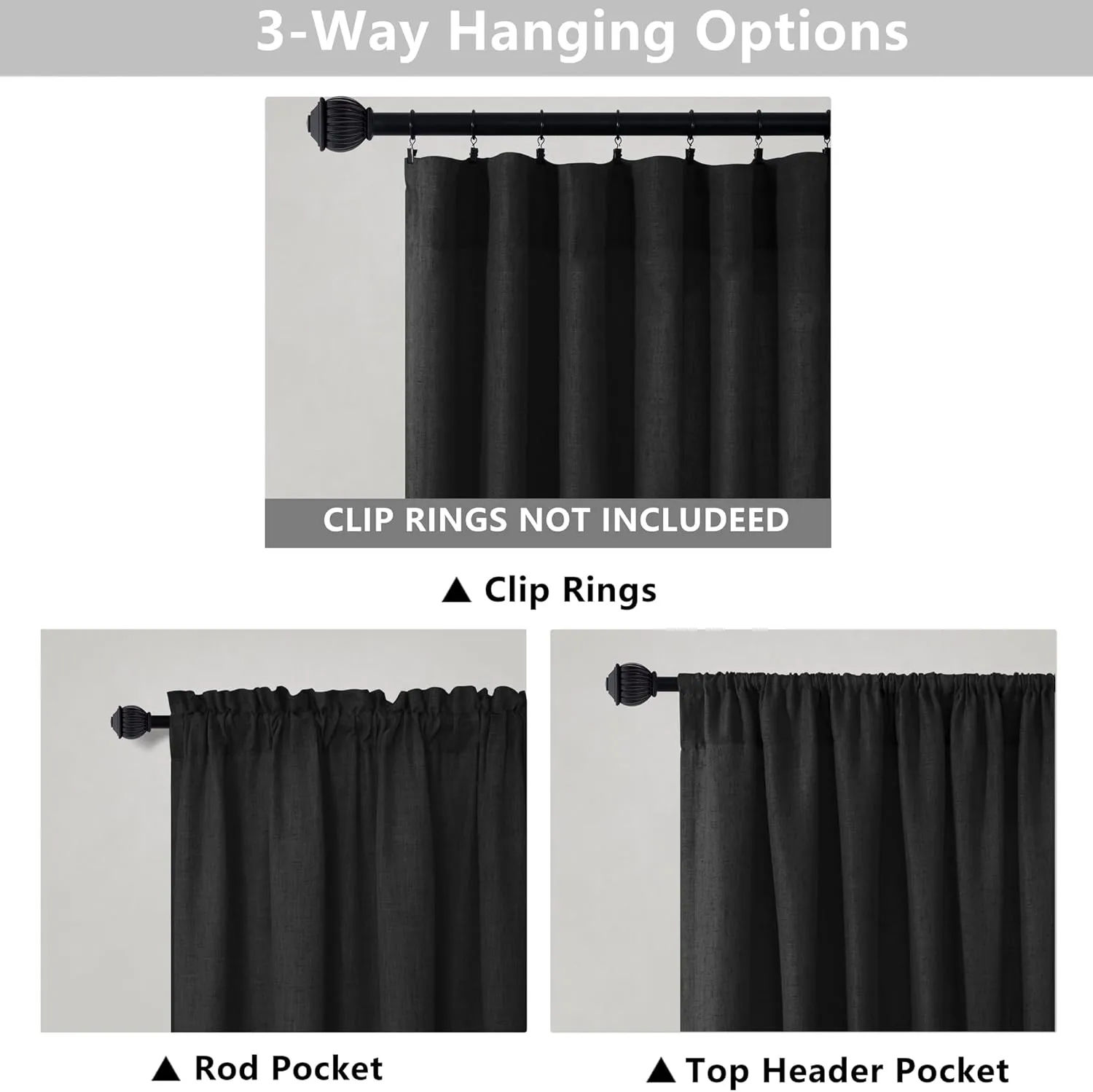 Mrs.Naturall Black 36x63 Inches Long Rod Pocket Sheer Linen Blended Curtains
