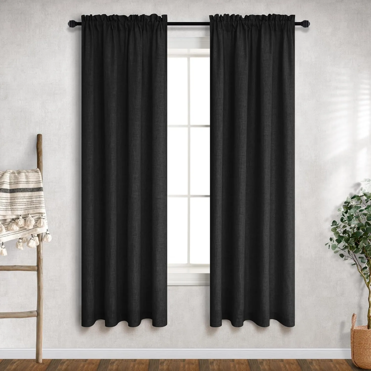 Mrs.Naturall Black 36x63 Inches Long Rod Pocket Sheer Linen Blended Curtains
