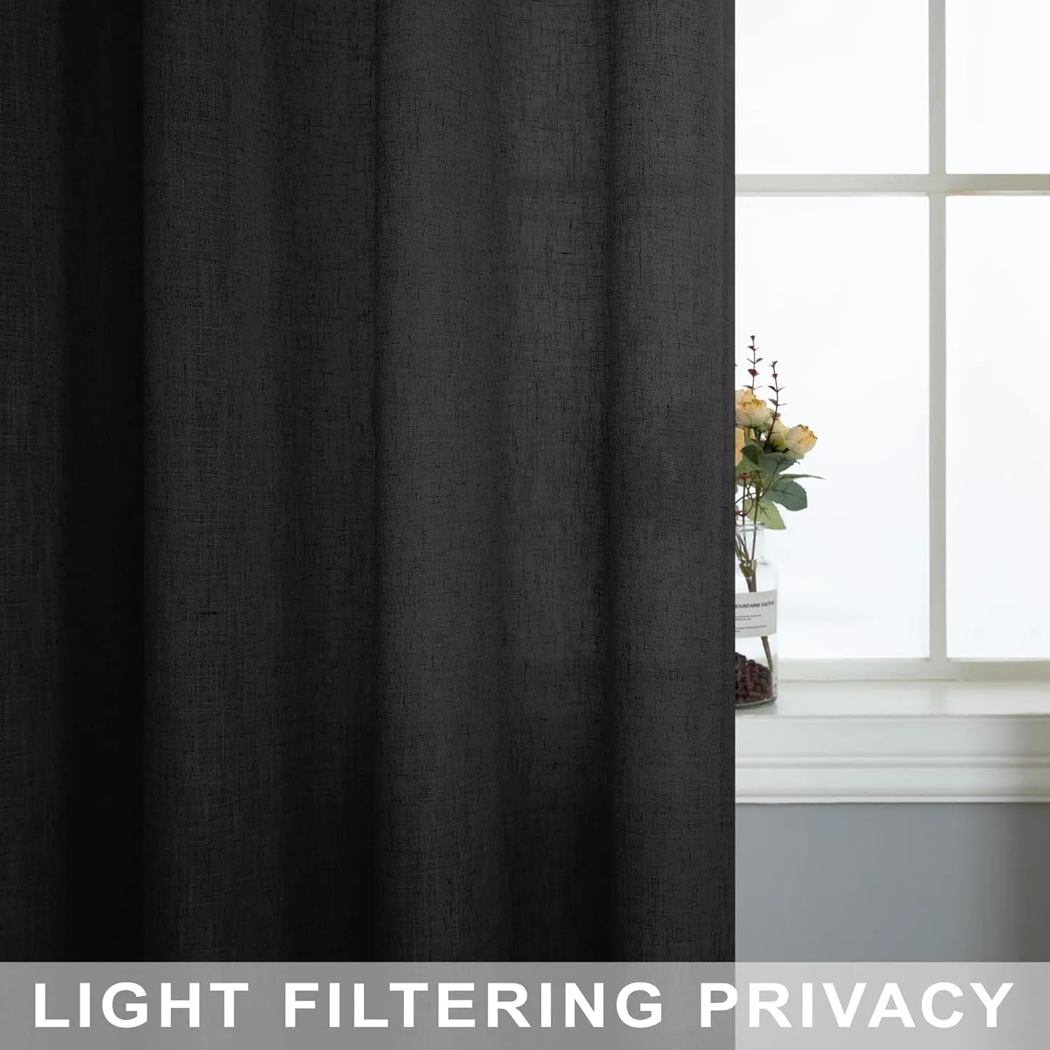 Mrs.Naturall Black 36x63 Inches Long Rod Pocket Sheer Linen Blended Curtains