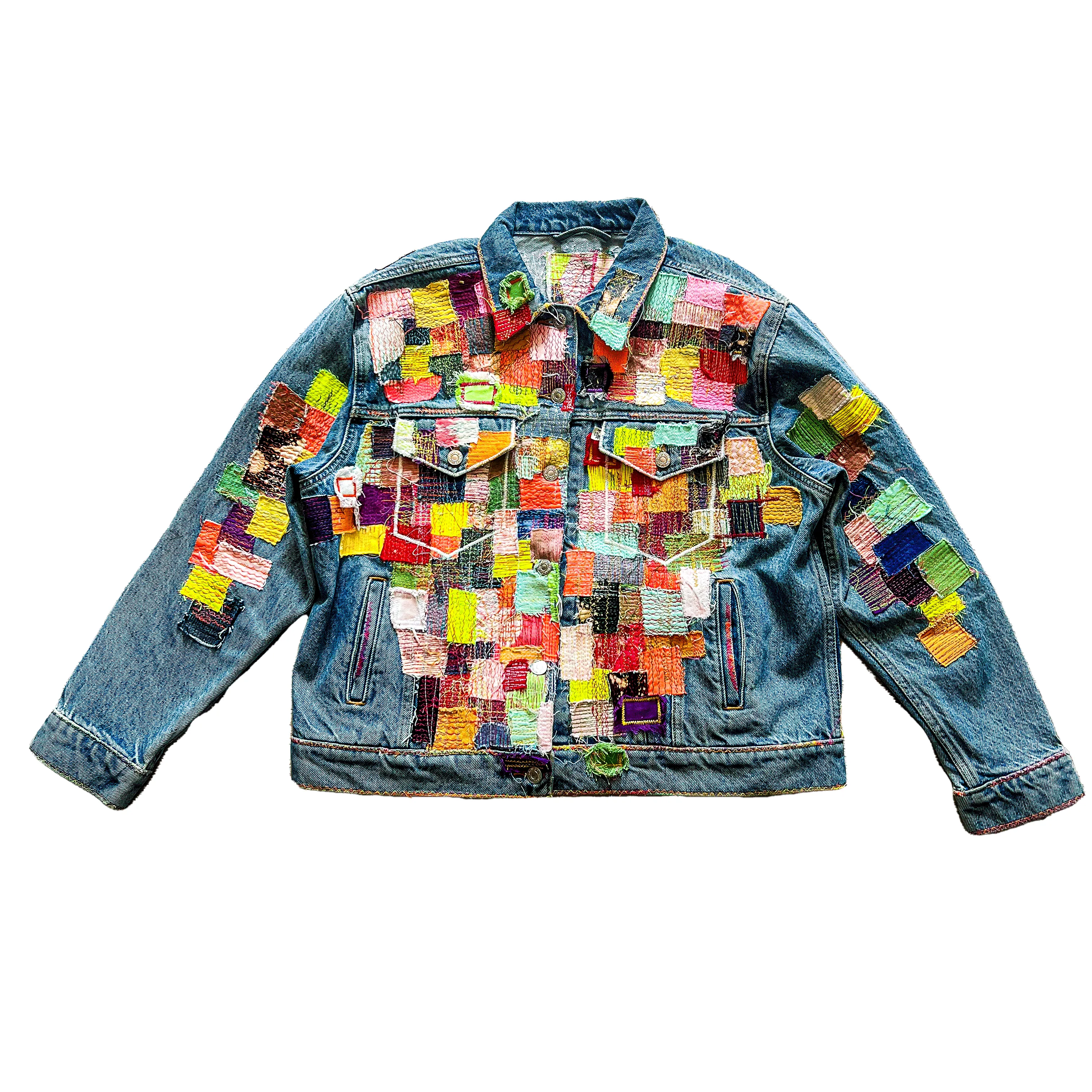 MULTI-COLOR TORSO  DENIM PATCHWORK TRUCKER JACKET