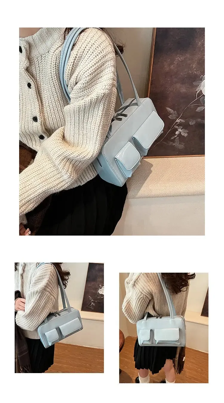 Multi-pocket Pillow Glossy Shoulder Bags