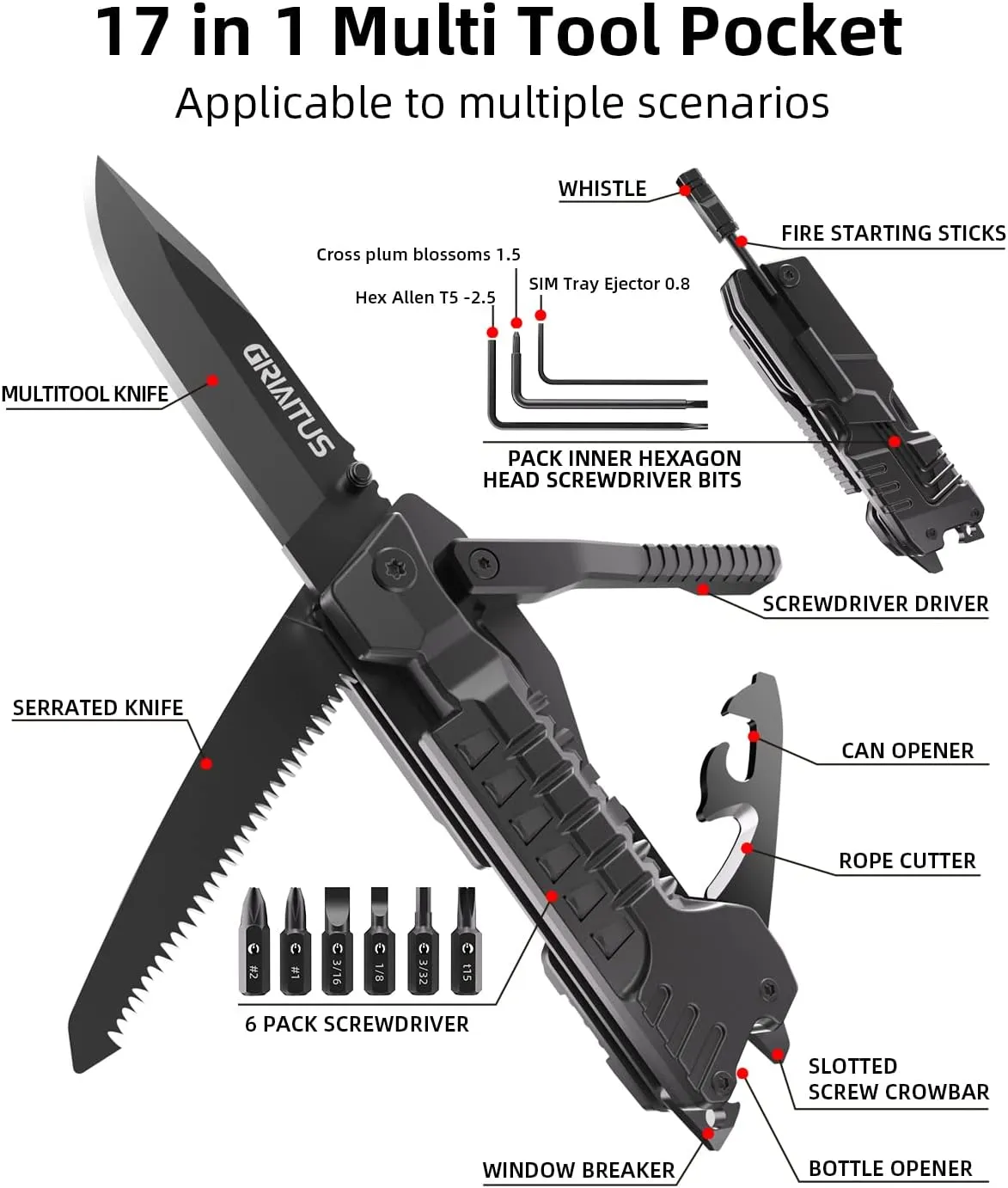 Multitool Knife 17 in 1Fire Starting Sticks, Bottle Opener, Saw Screwdrivers Bottle Opener, Whistle, Window Breaker and More -Perfect for Camping, Outdoor, Survival and Everyday Use,Gifts for Men Dad