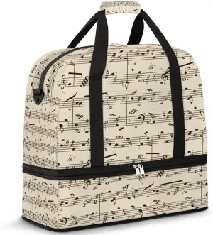 Music Note Vintage Stave Foldable Travel Duffel Bag Tote Carry on Luggage Sport Duffle for Women Men Gym Bag Overnight Weekender Bags with Shoe Compartments and Shoulder Strap