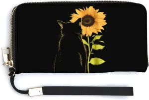 My Sunshine Sunflower Cats Women's Long Wallet for Men Stylish Slim Credit Card Case Holder Wrist Strap Purse