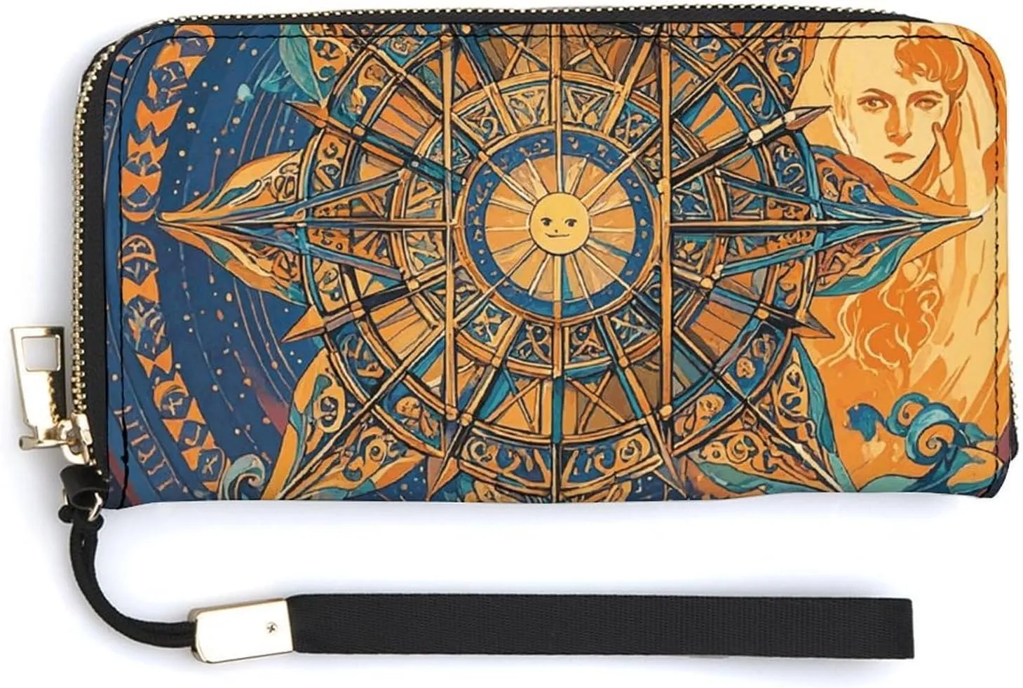 Mystic Tarot Card Sun And Moon Face Wristlet Long Wallet Womens Purse Zip Clutch Large Capacity Leather Purse Credit Coin Purse