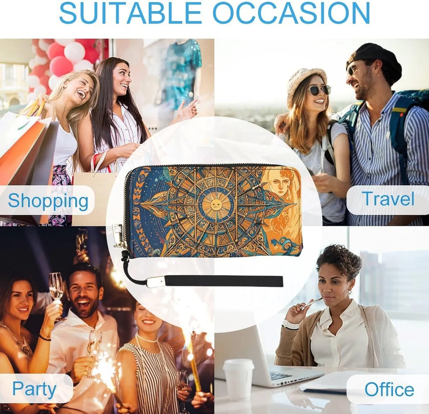 Mystic Tarot Card Sun And Moon Face Wristlet Long Wallet Womens Purse Zip Clutch Large Capacity Leather Purse Credit Coin Purse