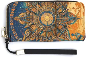 Mystic Tarot Card Sun And Moon Face Wristlet Long Wallet Womens Purse Zip Clutch Large Capacity Leather Purse Credit Coin Purse