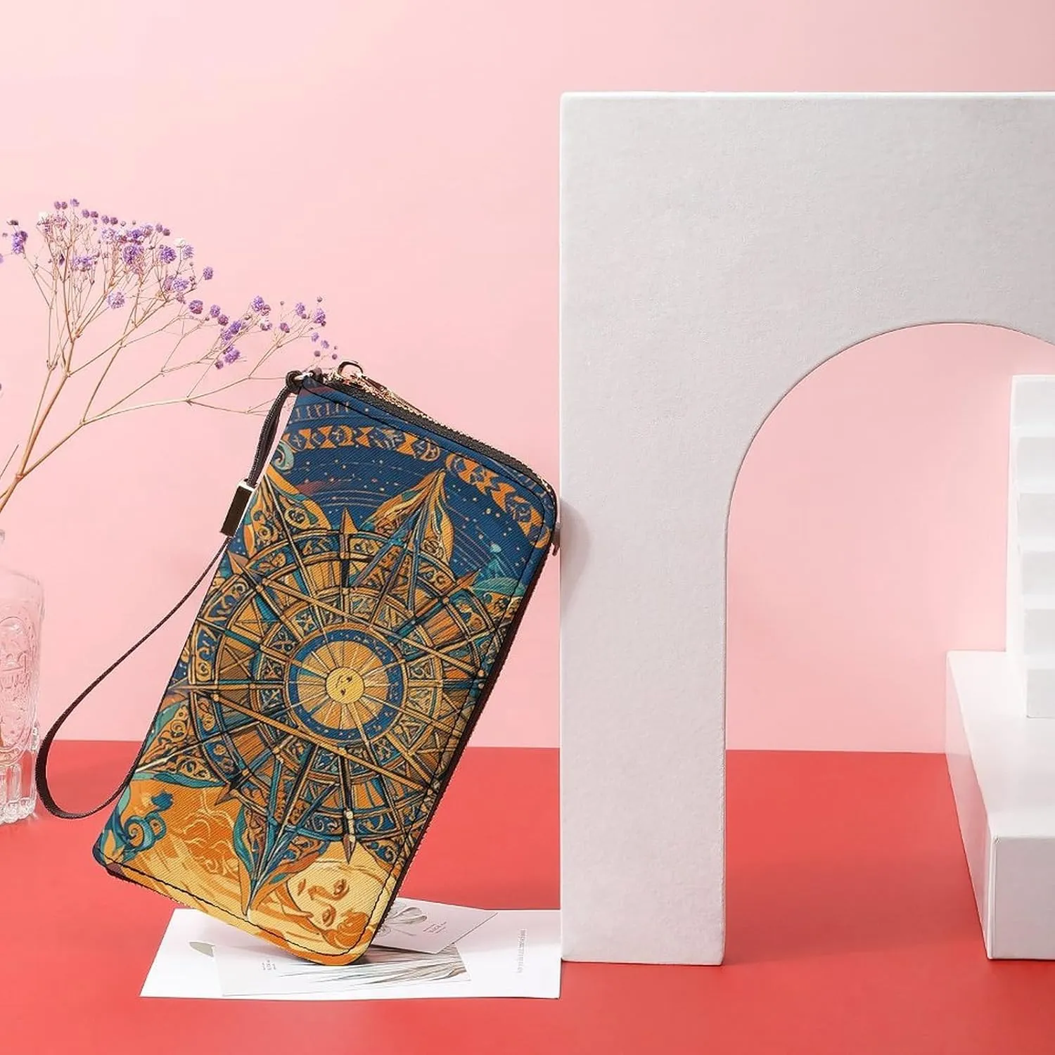 Mystic Tarot Card Sun And Moon Face Wristlet Long Wallet Womens Purse Zip Clutch Large Capacity Leather Purse Credit Coin Purse