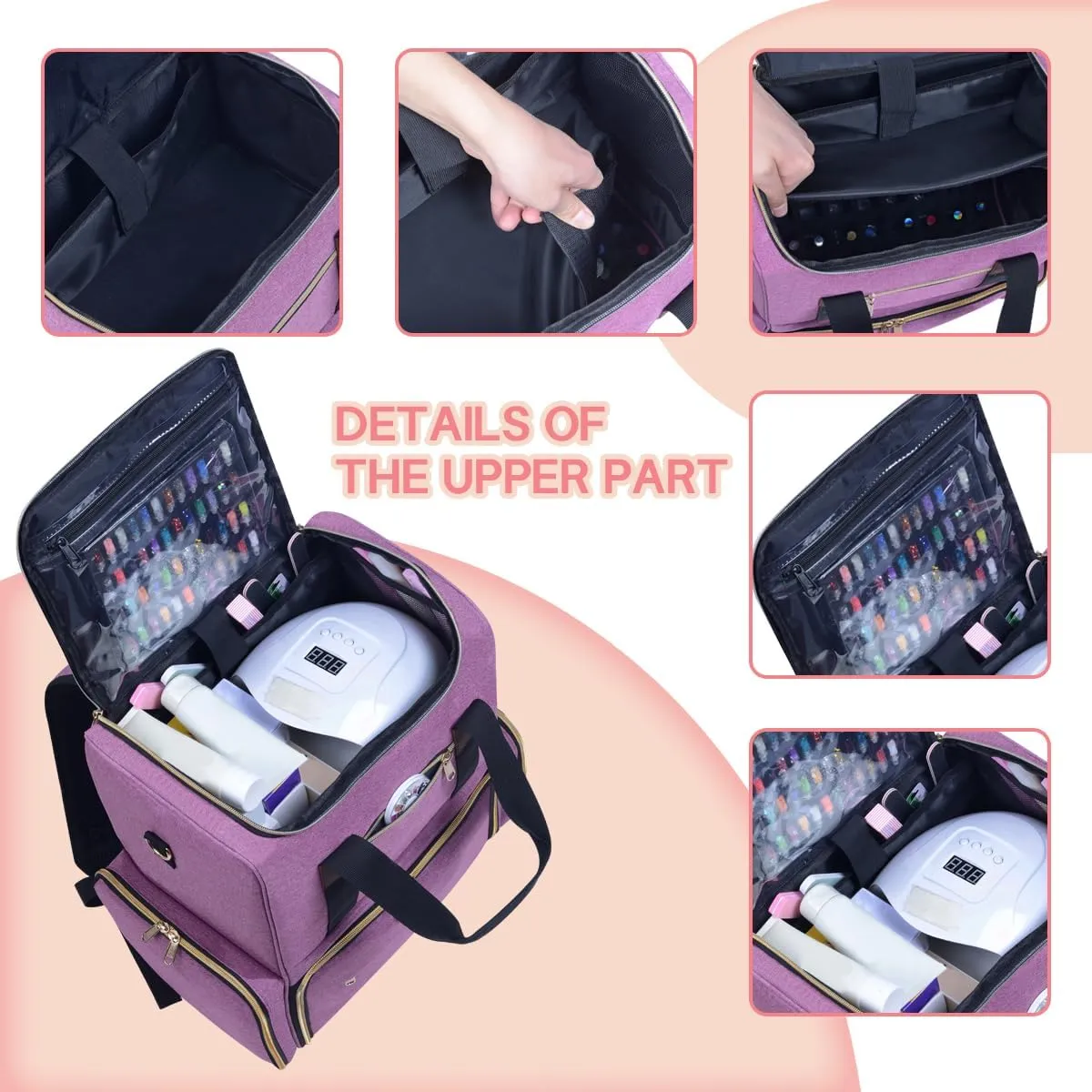 Nail Polish Organizer Backpack Holds 80 Bottles and a Nail Lamp Supplies with 2 Removable Cases Storage Bag Professional Travel Case for Manicurist (Purple)