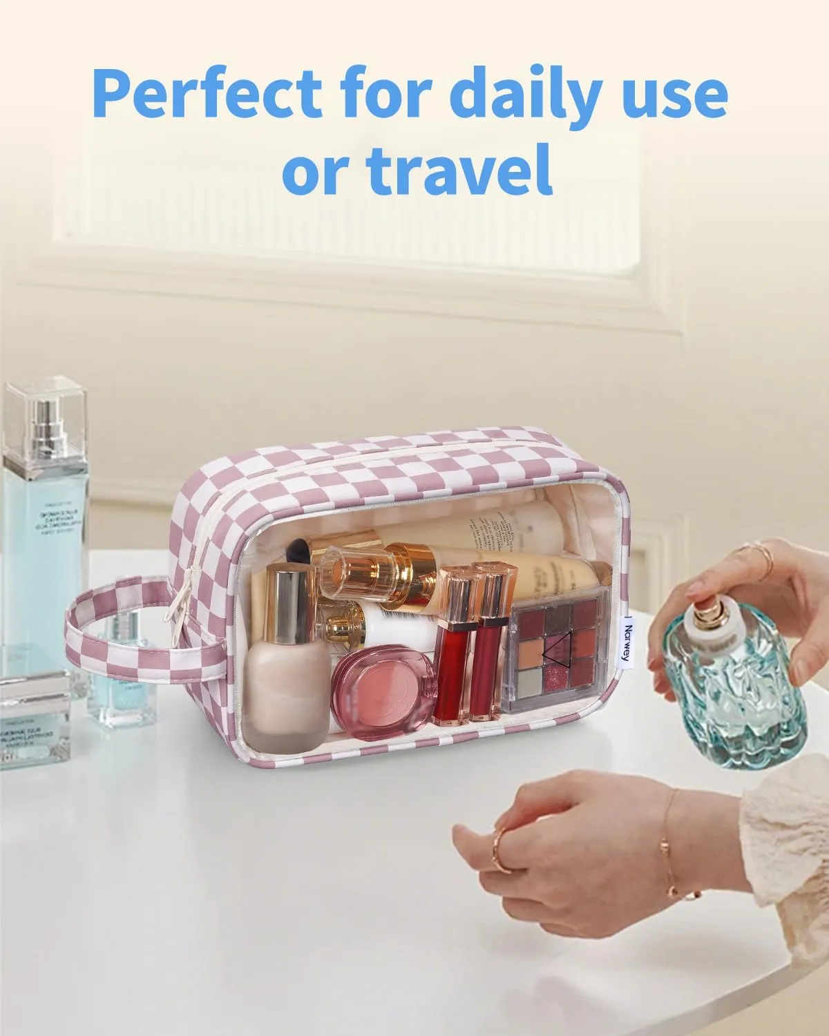 Narwey Checkered Clear Makeup Bag Cosmetic Bag with Zipper for Travel, Clear Toiletry Bags for Traveling Toiletries Women Men, Make Up Pouch with Handle, Skincare Bag (Dusty Pink Checkerboard)