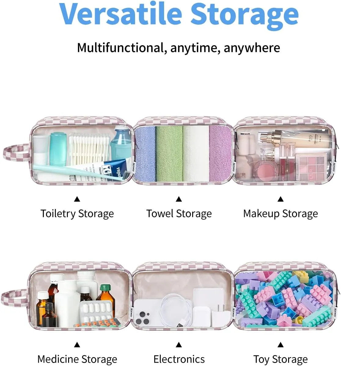 Narwey Checkered Clear Makeup Bag Cosmetic Bag with Zipper for Travel, Clear Toiletry Bags for Traveling Toiletries Women Men, Make Up Pouch with Handle, Skincare Bag (Dusty Pink Checkerboard)