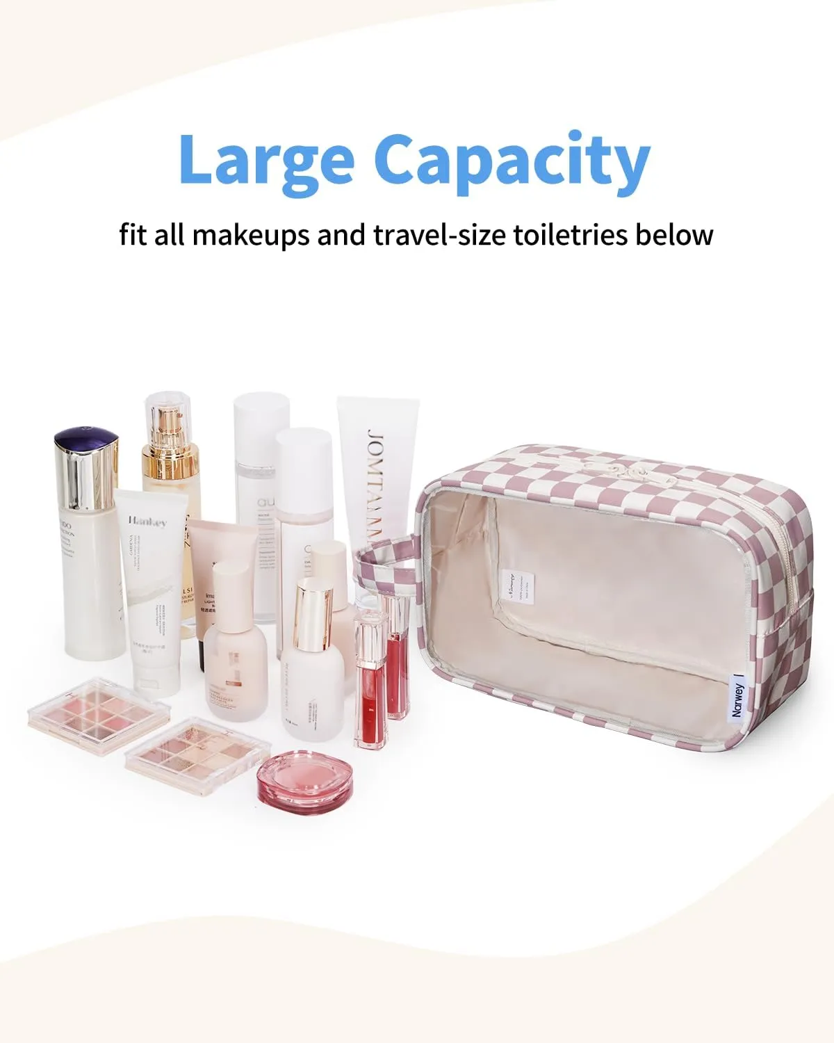 Narwey Checkered Clear Makeup Bag Cosmetic Bag with Zipper for Travel, Clear Toiletry Bags for Traveling Toiletries Women Men, Make Up Pouch with Handle, Skincare Bag (Dusty Pink Checkerboard)