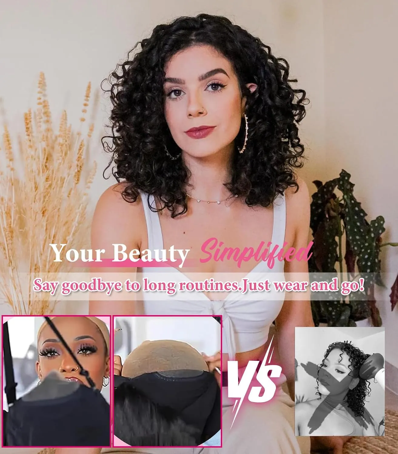 Nature Black 12 Inch Short Curly Bob Wigs Wear and Go Deep Wave Glueless Synthetic Lace Hairline Wig for Black Women Pre Cut Middle Part Wig for Daily Use