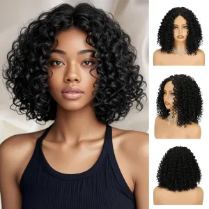 Nature Black 12 Inch Short Curly Bob Wigs Wear and Go Deep Wave Glueless Synthetic Lace Hairline Wig for Black Women Pre Cut Middle Part Wig for Daily Use