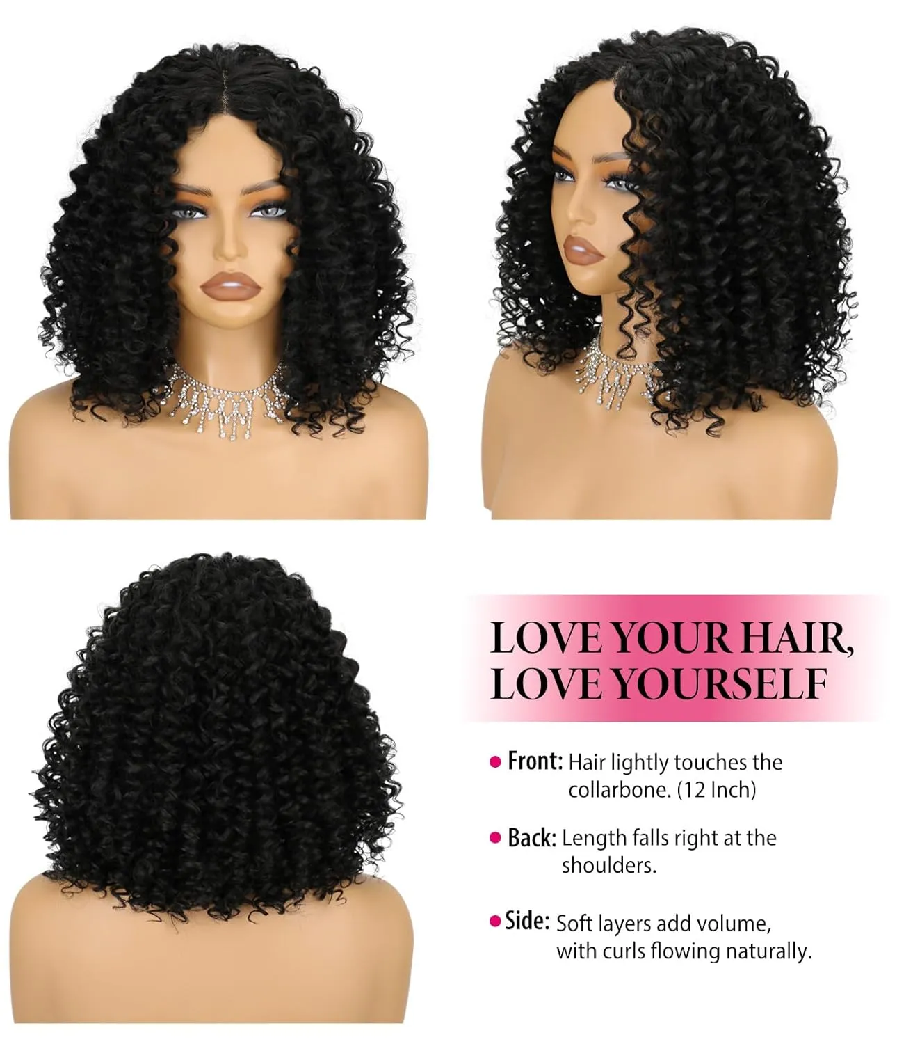 Nature Black 12 Inch Short Curly Bob Wigs Wear and Go Deep Wave Glueless Synthetic Lace Hairline Wig for Black Women Pre Cut Middle Part Wig for Daily Use