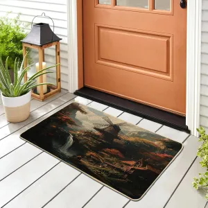 Nature Windmill Front Black Door Mat Outside Inside Entrance 29 * 17, Forest Mountain Landscape Outdoor Indoor Non Slip Doormat, Small Country Shoes Off Doormat for Patio Interior Garage