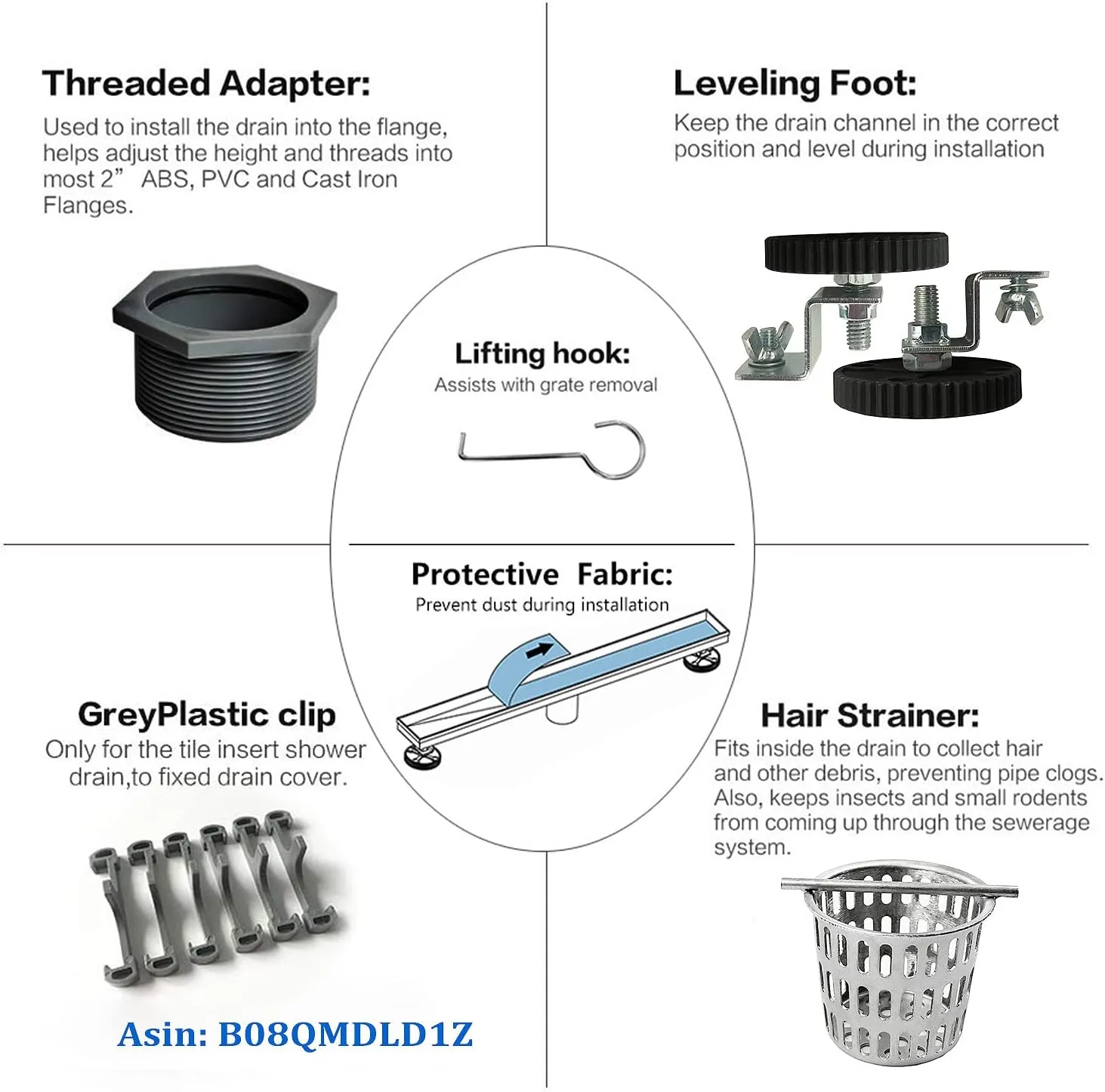 Neodrain 24-Inch Linear Shower Drain with Tile Insert Grate,Brushed 304 Stainless Steel Rectangle Shower Floor Drain, Linear Drain with Leveling Feet, Hair Strainer