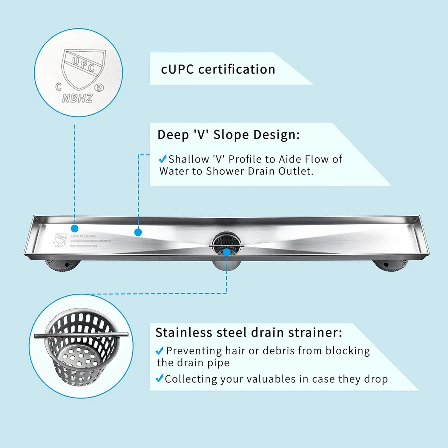 Neodrain 24-Inch Linear Shower Drain with Tile Insert Grate,Brushed 304 Stainless Steel Rectangle Shower Floor Drain, Linear Drain with Leveling Feet, Hair Strainer