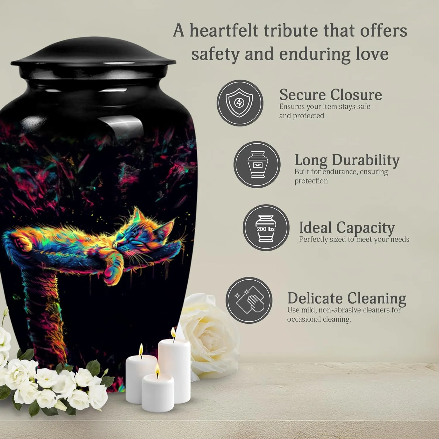 Neon Cat Dream Ashes Keepsake - 10" Extra Large Urn for Human Ashes Adult - Black Decorative Burial Urns - Cremation Keepsakes for Mom & Dad Ashes (Velvet Urn Bag)