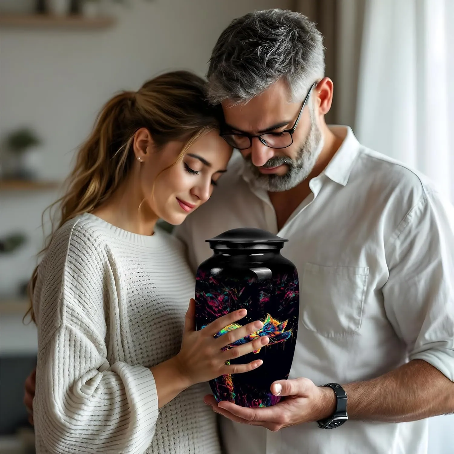 Neon Cat Dream Ashes Keepsake - 10" Extra Large Urn for Human Ashes Adult - Black Decorative Burial Urns - Cremation Keepsakes for Mom & Dad Ashes (Velvet Urn Bag)